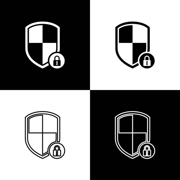 Set Shield security with lock icons isolated on black and white background. Protection, safety, password security. Firewall access privacy sign. Vector Illustration — Stock Vector