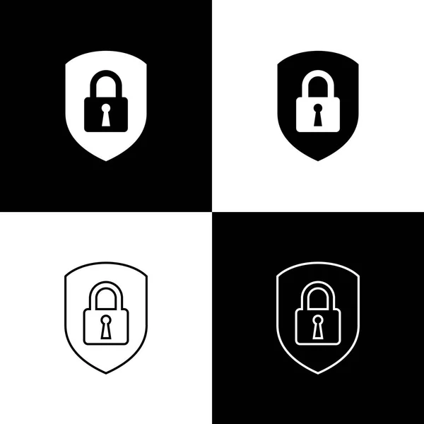 白黒の背景に隔離されたロックアイコンでシールドセキュリティを設定します。保護、安全、パスワードのセキュリティ。ファイアウォールアクセスプライバシーサイン。ベクトルイラストレーション — ストックベクタ
