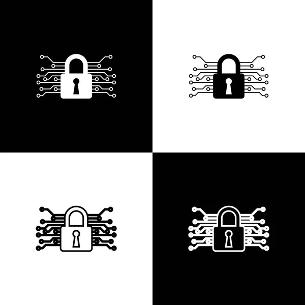 Set Cyber security icons isolated on black and white background. Closed padlock on digital circuit board. Safety concept. Digital data protection. Vector Illustration — Stock Vector