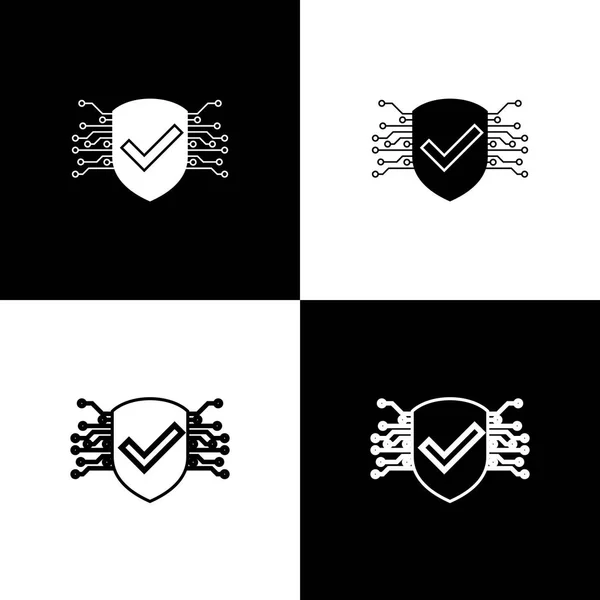 Establecer iconos de seguridad cibernética aislados sobre fondo blanco y negro. Escudo con señal de verificación. Concepto de seguridad. Protección de datos digital. Ilustración vectorial — Archivo Imágenes Vectoriales