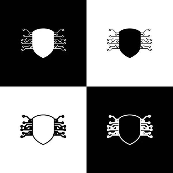 Establecer iconos de seguridad cibernética aislados sobre fondo blanco y negro. Señal de escudo. Concepto de seguridad. Protección de datos digital. Ilustración vectorial — Archivo Imágenes Vectoriales