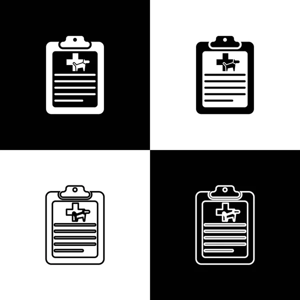 Set-Zwischenablage mit medizinischen Krankenakten Haustiersymbolen isoliert auf schwarz-weißem Hintergrund. Krankenversicherungsformular. Bericht über medizinische Checkpoints. Vektorillustration — Stockvektor