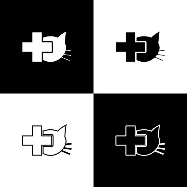 白黒の背景に隔離された獣医クリニックのシンボルアイコンを設定します。猫の獣医のケアとクロス。ペット応急処置の看板。ベクトルイラストレーション — ストックベクタ
