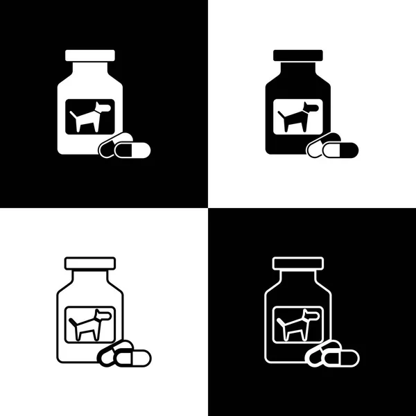 Set Dog garrafa de remédio e comprimidos ícones isolados em fundo preto e branco. Recipiente com comprimidos. Medicamento prescrito para animais. Ilustração vetorial — Vetor de Stock