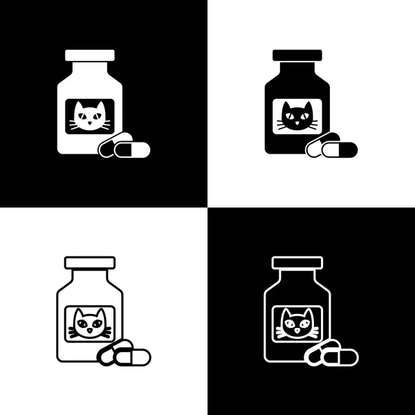 Set Katze Medizin Flasche und Pillen Symbole isoliert auf schwarz-weißem Hintergrund. Behälter mit Pillen. Verschreibungspflichtige Medikamente für Tiere. Vektorillustration — Stockvektor