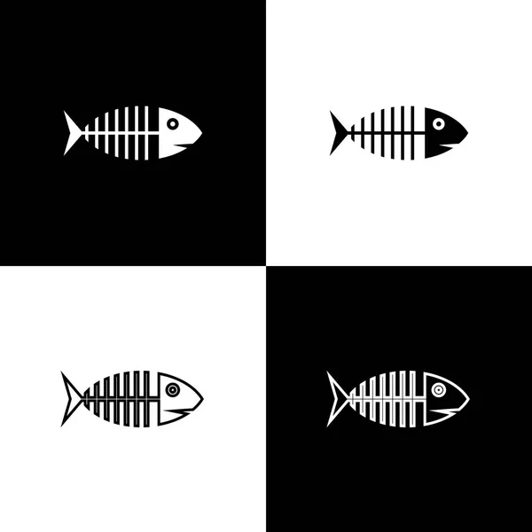 Ορισμός σκελετών ψαριών απομονωμένων σε μαύρο και άσπρο φόντο. Σημάδι από κόκαλο ψαριού. Απεικόνιση διανυσματικών φορέων — Διανυσματικό Αρχείο