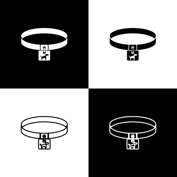 Установите ошейник с биркой имени на черно-белом фоне. Простые поставки для домашних животных. Уход за кошкой и собакой. Собачьи цепи. Векторная миграция — стоковый вектор