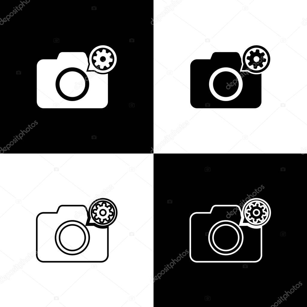Set Photo camera and gear icons isolated on black and white background. Adjusting app, service concept, setting options, maintenance, repair, fixing. Vector Illustration