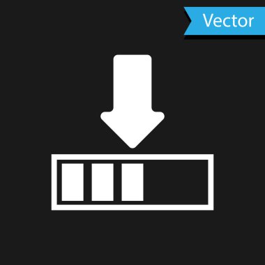 Siyah arkaplanda beyaz yükleme simgesi izole edildi. İndirme devam ediyor. İlerleme çubuğu simgesi. Vektör İllüstrasyonu