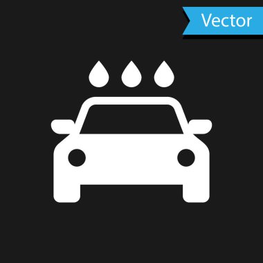 Siyah arka planda beyaz araba yıkama ikonu var. Araba yıkama ve su bulutu ikonu. Vektör İllüstrasyonu