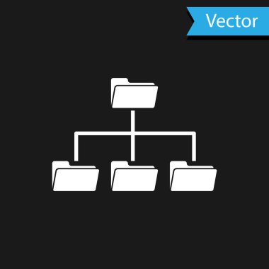 Beyaz Dizin ağaç simgesi siyah arkaplanda izole edildi. Bilgisayar ağı dosya dizini yapı akış şeması. Vektör İllüstrasyonu