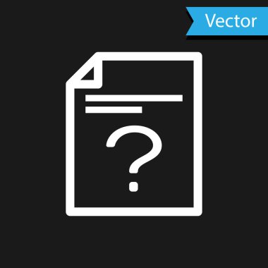 Siyah arkaplanda beyaz bilinmeyen belge simgesi izole edildi. Soru işareti olan dosya. Raporu, servisi ve küresel arama işaretini beklet. Vektör İllüstrasyonu