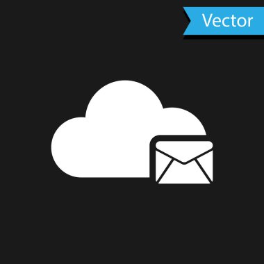 Beyaz Bulut posta sunucusu simgesi siyah arkaplanda izole edildi. E- posta için bulut sunucusu. Online mesaj servisi. Posta kutusu işareti. Vektör İllüstrasyonu