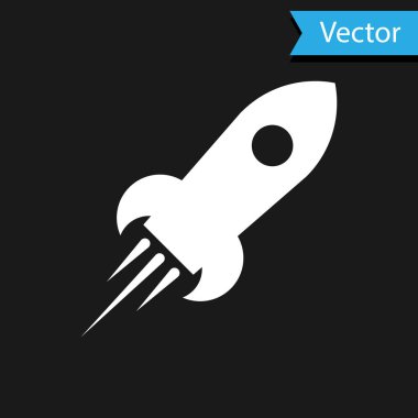 Siyah zemin üzerinde ateş ikonu olan beyaz roket gemisi. Uzay yolculuğu. Vektör İllüstrasyonu