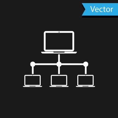 Beyaz Bilgisayar ağı simgesi siyah arkaplanda izole edildi. Laptop ağı. İnternet bağlantısı. Vektör İllüstrasyonu