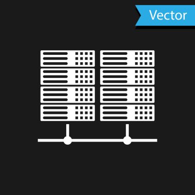 Beyaz Sunucu, Data, Web sunucu simgesi siyah arkaplanda izole edildi. Vektör İllüstrasyonu