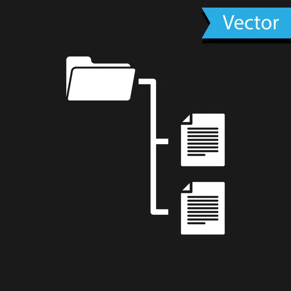 Icono del árbol de carpetas blancas aislado sobre fondo negro. Organigrama de la estructura de la carpeta de archivos de red informática. Ilustración vectorial — Vector de stock
