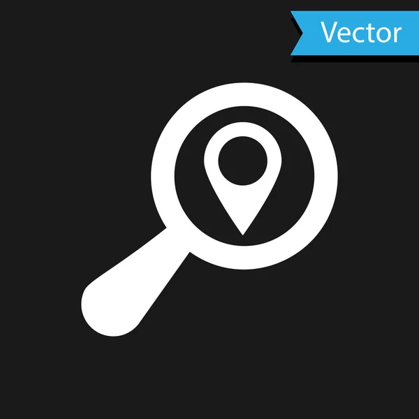 Ícone de localização de pesquisa branca isolado no fundo preto. Ampliação de vidro com sinal de ponteiro. Ilustração vetorial — Vetor de Stock