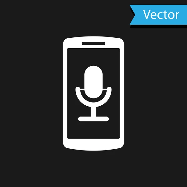 Icono de grabación móvil blanco aislado sobre fondo negro. Teléfono móvil con micrófono. Interfaz de teléfono inteligente aplicación grabadora de voz. Ilustración vectorial — Vector de stock