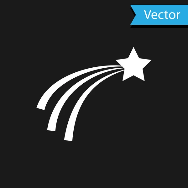 Icono de estrella blanca cayendo aislado sobre fondo negro. Estrella fugaz con rastro estelar. Meteoroide, meteorito, cometa, asteroide, estrella icono. Ilustración vectorial — Vector de stock