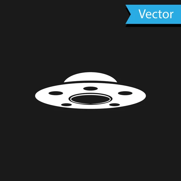 Icono blanco de la nave espacial de vuelo OVNI aislado sobre fondo negro. Platillo volador. Nave espacial alienígena. Objeto volador desconocido futurista. Ilustración vectorial — Vector de stock