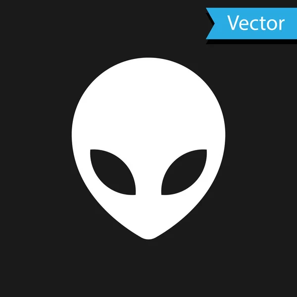 Icono Alien blanco aislado sobre fondo negro. Cara extraterrestre alienígena o símbolo de cabeza. Ilustración vectorial — Vector de stock