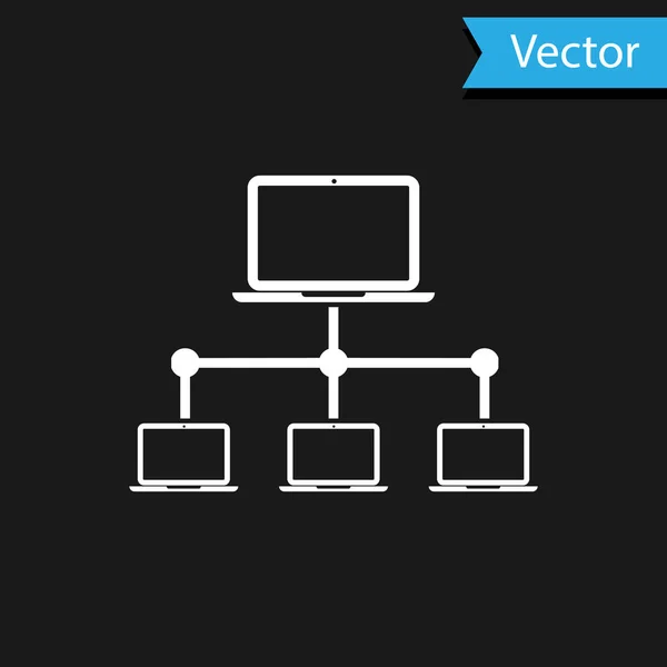 Значок сети White Computer изолирован на черном фоне. Портативная сеть. Интернет. Векторная миграция — стоковый вектор