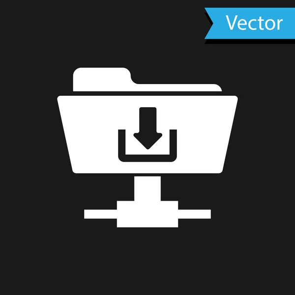 Icono de descarga de la carpeta FTP blanca sobre fondo negro. Concepto de actualización de software, protocolo de transferencia, enrutador, gestión de herramientas de trabajo en equipo, proceso de copia. Ilustración vectorial — Vector de stock