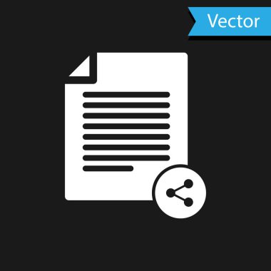 Beyaz Paylaşım dosya simgesi siyah arkaplanda izole edildi. Dosya paylaşımı. Dosya aktarım işareti. Vektör İllüstrasyonu