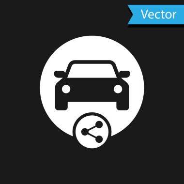 Siyah arkaplanda beyaz araba paylaşım simgesi var. Araba paylaşım tabelası. Nakliye hizmeti konsepti. Vektör İllüstrasyonu