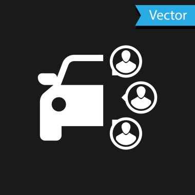 Siyah arka planda izole edilmiş bir grup insan ikonu ile beyaz araba paylaşımı. Araba paylaşım tabelası. Nakliye hizmeti konsepti. Vektör İllüstrasyonu