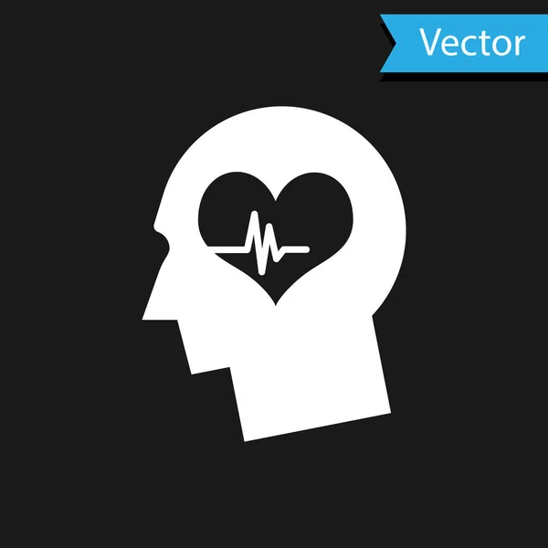 Cabeza masculina blanca con un icono de latido del corazón aislado sobre fondo negro. Cabeza con salud mental, atención médica y signo médico. Ilustración vectorial — Vector de stock