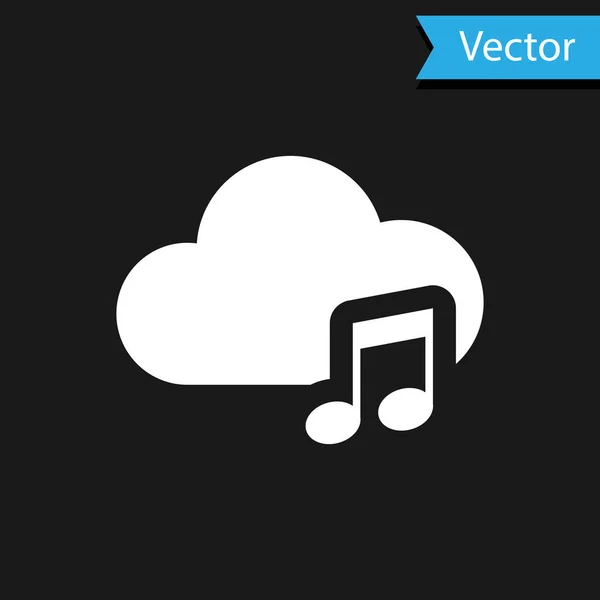 Icono de servicio de streaming de música blanca aislado sobre fondo negro. Computación en la nube de sonido, transmisión de medios en línea, canción en línea, onda de audio. Ilustración vectorial — Vector de stock