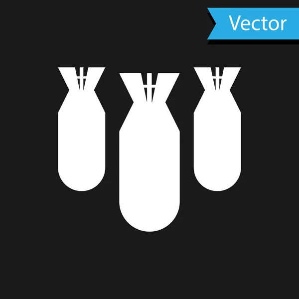 Icono de bombas de aviación blanca aislado sobre fondo negro. Bomba cohete vuela hacia abajo. Ilustración vectorial — Vector de stock