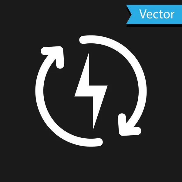 Ícone de recarga branco isolado no fundo preto. Sinal de energia eléctrica. Ilustração vetorial — Vetor de Stock