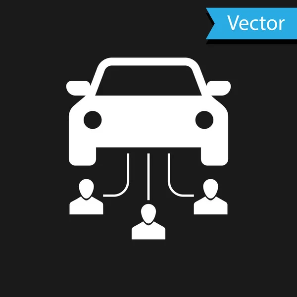 Coche blanco compartiendo con el grupo de personas icono aislado en el fondo negro. Carsharing signo. Transporte alquiler concepto de servicio. Ilustración vectorial — Vector de stock