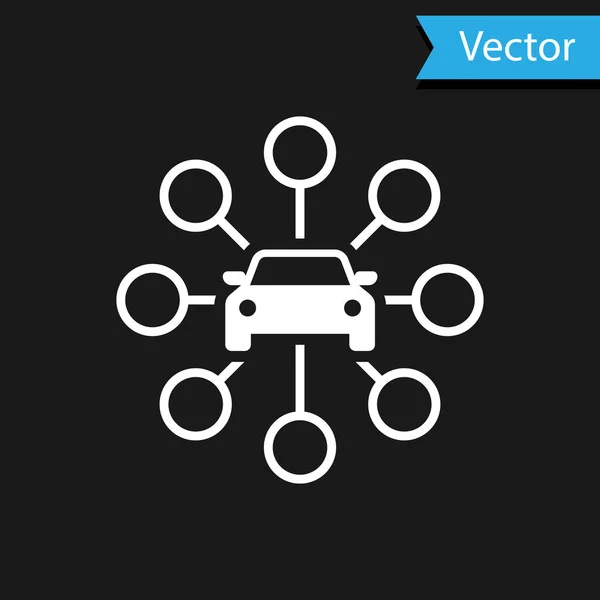 Icono para compartir coche blanco aislado sobre fondo negro. Carsharing signo. Transporte alquiler concepto de servicio. Ilustración vectorial — Vector de stock
