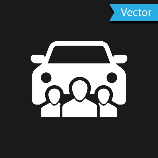 Witte auto delen met groep mensen pictogram geïsoleerd op zwarte achtergrond. Autodelen bord. Transport verhuur service concept. Vector Illustratie — Stockvector