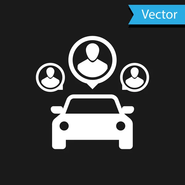 Білий автомобіль ділиться з групою людей піктограмою ізольовано на чорному тлі. Спільний знак. Концепція послуги оренди транспорту. Векторна ілюстрація — стоковий вектор