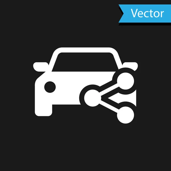 Icono para compartir coche blanco aislado sobre fondo negro. Carsharing signo. Transporte alquiler concepto de servicio. Ilustración vectorial — Vector de stock