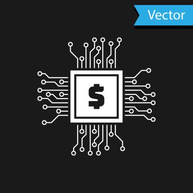 Siyah arka planda dolar simgesi olan beyaz işlemci çipi. İşlemci, merkezi işlem birimi, mikroçip, mikro devre, bilgisayar işlemcisi, çip. Vektör İllüstrasyonu
