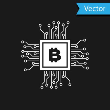 Beyaz Cpu madenciliği çiftlik simgesi siyah arka plan üzerinde izole. Bitcoin işlemci içinde işareti. Kripto para madenciliği topluluğu. Dijital para. Vektör İllüstrasyonu