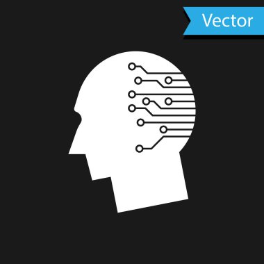 Dijital devre kartı simgesi olarak beyaz insan beyni siyah arkaplanda izole edildi. Yapay Zeka. İçinde devre çizgileri olan insan kafası. Vektör İllüstrasyonu