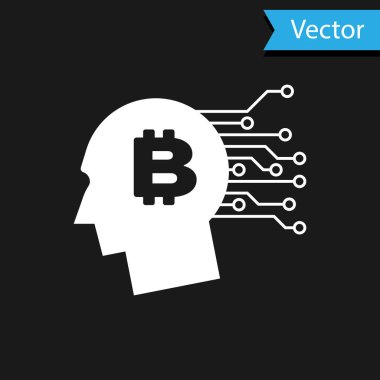 Beyaz Bitcoin siyah arkaplanda izole edilmiş bir simge olduğunu düşünüyor. Kripto para birimi başı. Engelleme teknolojisi, bitcoin, dijital para piyasası, kripto para cüzdanı. Vektör İllüstrasyonu