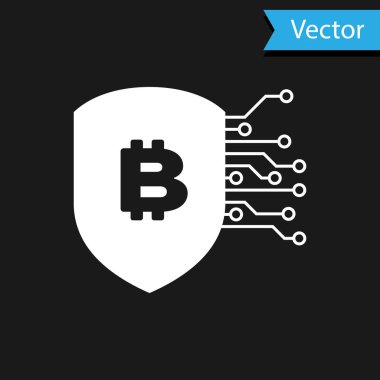 Siyah arka planda bitcoin simgesi olan beyaz kalkan. Kripto para madenciliği, engelleme teknolojisi, bitcoin, güvenlik, koruma, dijital para. Vektör İllüstrasyonu