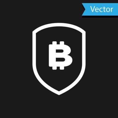 Siyah arka planda bitcoin simgesi olan beyaz kalkan. Kripto para madenciliği, engelleme teknolojisi, bitcoin, güvenlik, koruma, dijital para. Vektör İllüstrasyonu