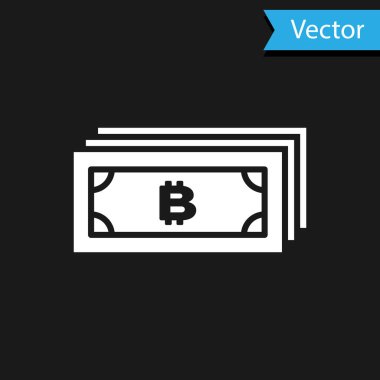 Beyaz Kripto para kavramı Bitcoin ve siyah zemin üzerinde izole edilmiş mikroçip devre ikonu. Engelleme teknolojisi, dijital para piyasası. Vektör İllüstrasyonu