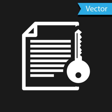 Beyaz Akıllı sözleşme simgesi siyah arkaplanda izole edildi. Engelleme teknolojisi, kripto para madenciliği, bitcoin, altsikkeler, dijital para piyasası. Vektör İllüstrasyonu