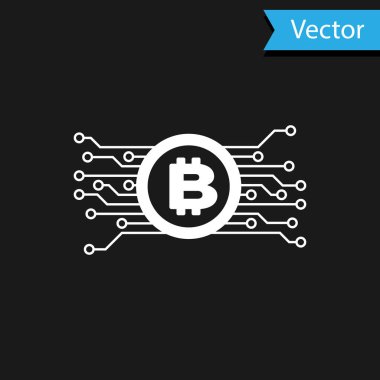 Beyaz Kripto para kavramı Bitcoin ve siyah zemin üzerinde izole edilmiş mikroçip devre ikonu. Engelleme teknolojisi, dijital para piyasası. Vektör İllüstrasyonu