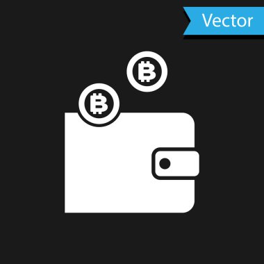 Beyaz Cryptocurrency cüzdan simgesi siyah arka planda yalıtılmış. Cüzdan ve bitcoin işareti. Madencilik konsepti. Para, ödeme, nakit, ödeme simgesi. Vektör İllüstrasyonu